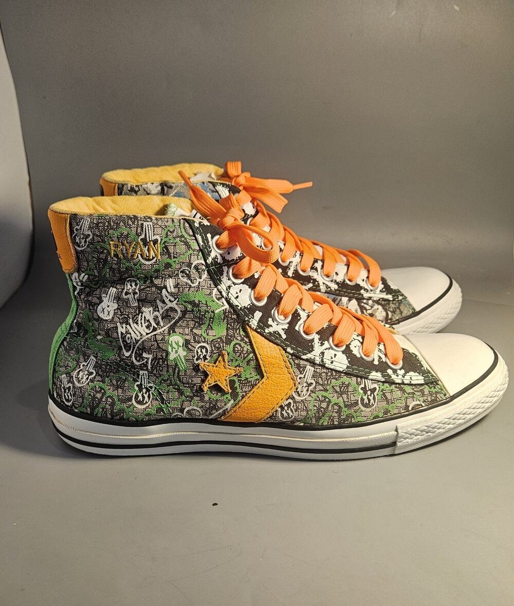 Converse Hi Top Shoes Orange, Green White Skull/guitar graphics M Sz 10.5 "Ryan"